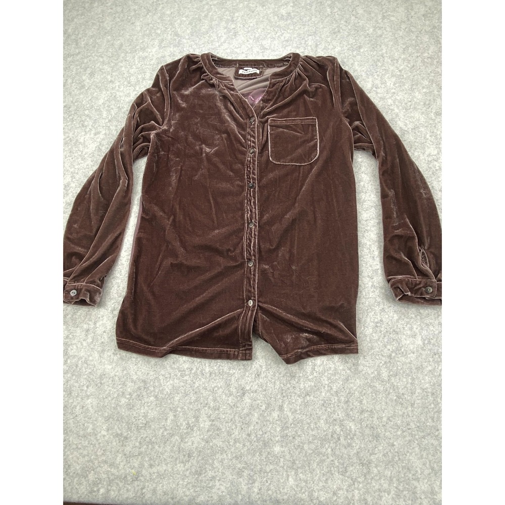 Paparazzi Blouse Womens Medium Brown Velour Embroidered Floral Long Sleeve Top